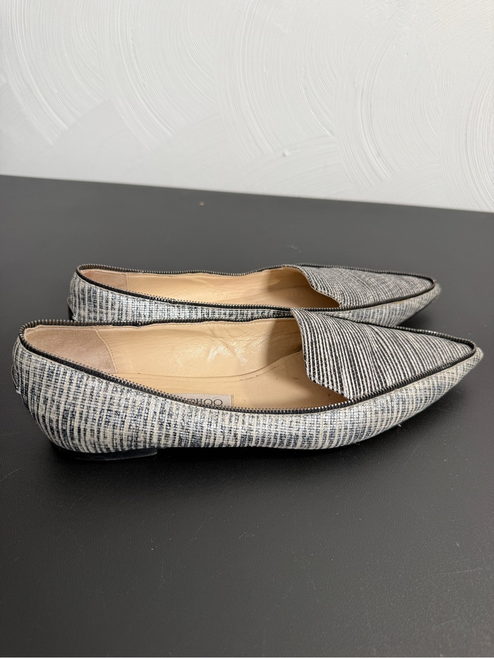 Jimmy Choo Black and White Striped Pointed-Toe Flats - Picture 2 of 7